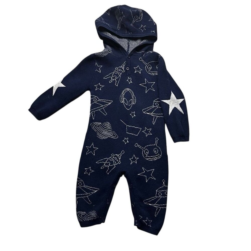 Andy & Evan Navy Blue All Over Space Print Hooded Coverall Size 12-18 Months